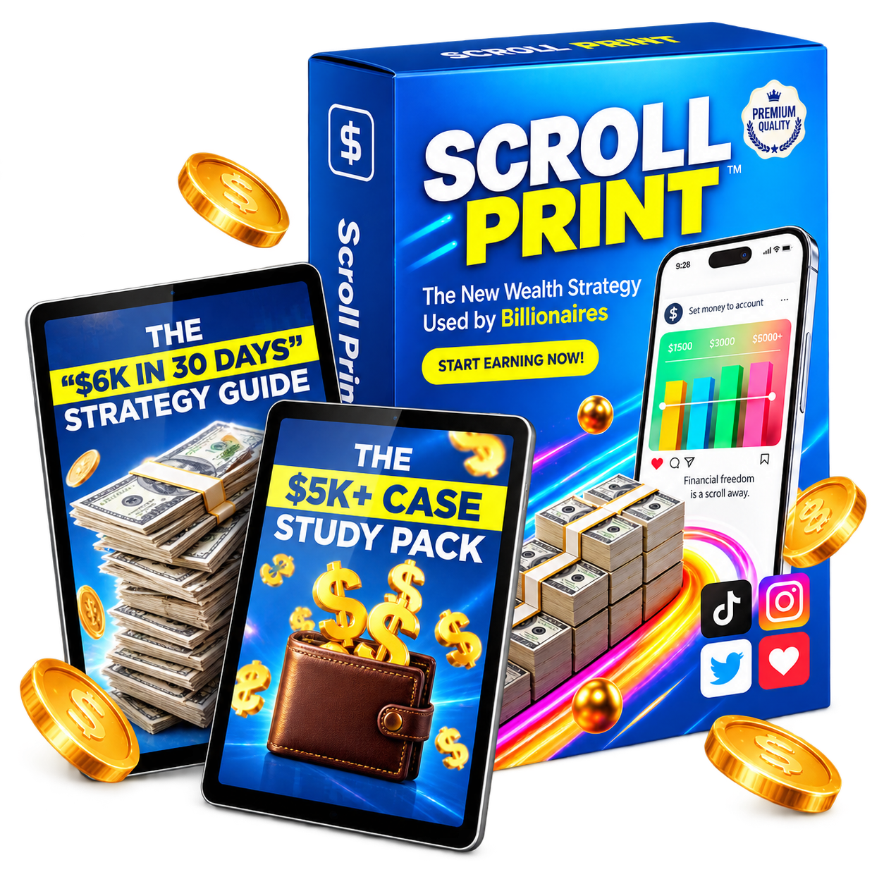Scroll Print product box with mobile and tablet content examples